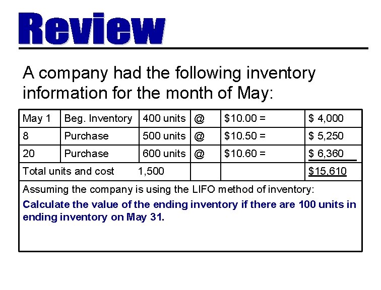 A company had the following inventory information for the month of May: May 1