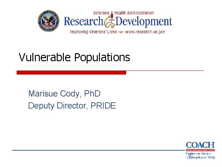 Vulnerable Populations Marisue Cody, Ph. D Deputy Director, PRIDE 