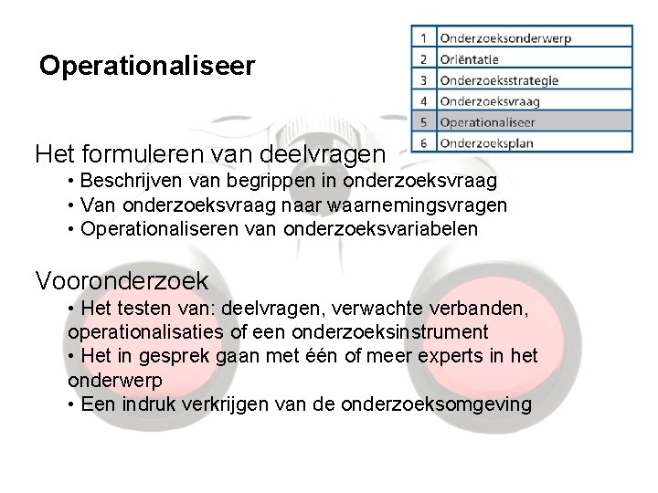 Operationaliseer Het formuleren van deelvragen • Beschrijven van begrippen in onderzoeksvraag • Van onderzoeksvraag