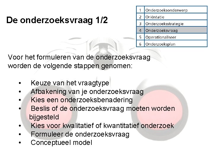 De onderzoeksvraag 1/2 Voor het formuleren van de onderzoeksvraag worden de volgende stappen genomen: