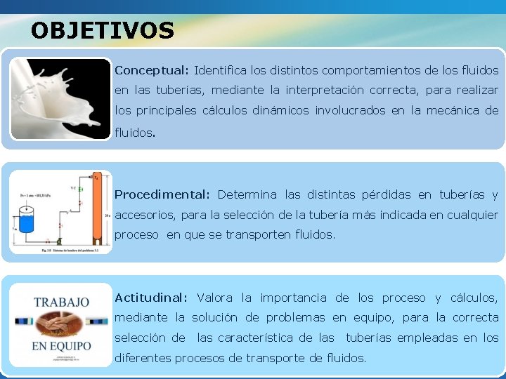 OBJETIVOS Conceptual: Identifica los distintos comportamientos de los fluidos en las tuberías, mediante la