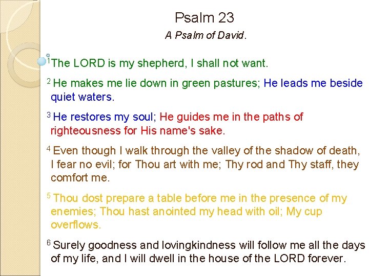 Psalm 23 A Psalm of David. 1 The LORD is my shepherd, I shall