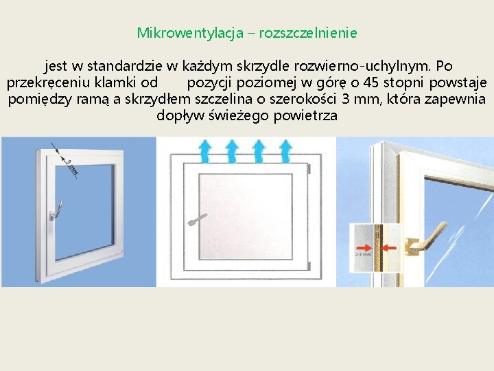 Mikrowentylacja – rozszczelnienie jest w standardzie w każdym skrzydle rozwierno-uchylnym. Po przekręceniu klamki od