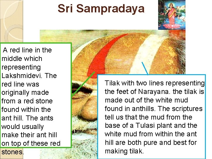 Sri Sampradaya A red line in the middle which representing Lakshmidevi. The red line