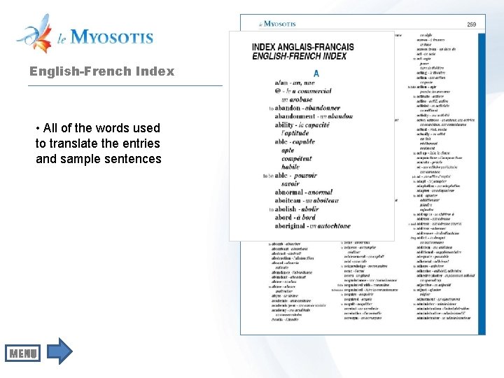 English-French Index • All of the words used to translate the entries and sample