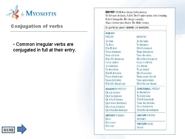 Conjugation of verbs • Common irregular verbs are conjugated in full at their entry.