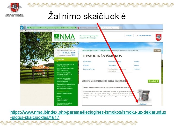 Žalinimo skaičiuoklė https: //www. nma. lt/index. php/parama/tiesiogines-ismokos/ismoku-uz-deklaruotus -plotus-skaiciuokles/4617 