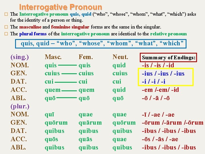 Interrogative Pronoun The Interrogative pronoun quis, quid (“who”, “whose”, “whom”, “what”, “which”) asks for
