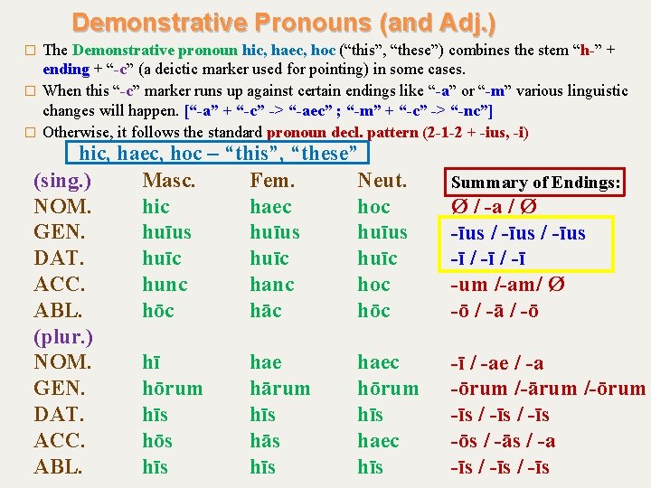 Demonstrative Pronouns (and Adj. ) The Demonstrative pronoun hic, haec, hoc (“this”, “these”) combines