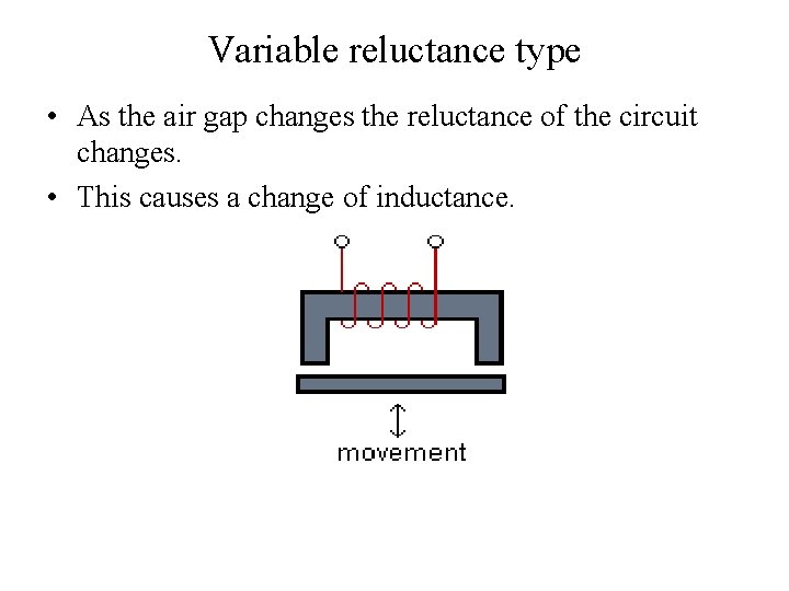 Variable reluctance type • As the air gap changes the reluctance of the circuit