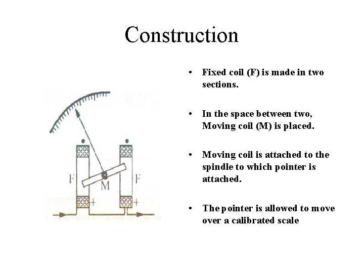 Construction • Fixed coil (F) is made in two sections. • In the space