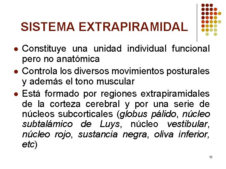 SISTEMA EXTRAPIRAMIDAL l l l Constituye una unidad individual funcional pero no anatómica Controla