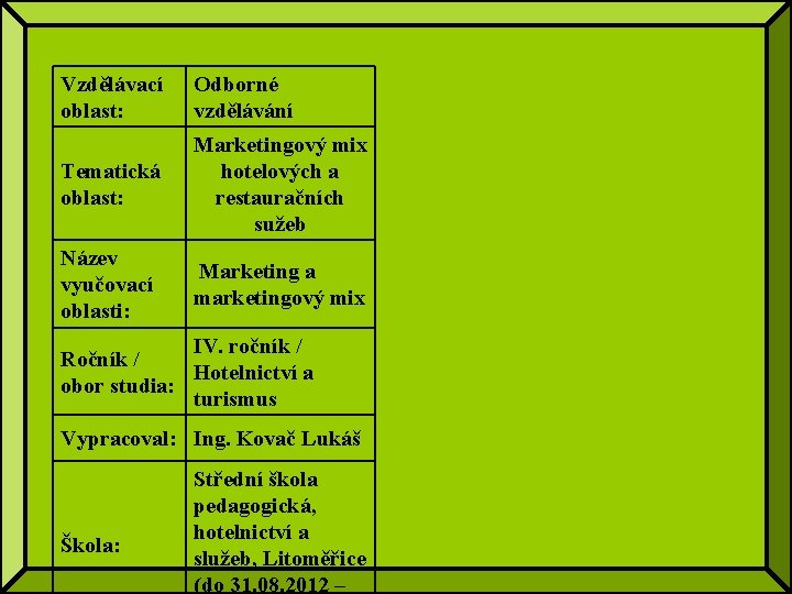 Vzdělávací oblast: Odborné vzdělávání Tematická oblast: Marketingový mix hotelových a restauračních sužeb Název vyučovací