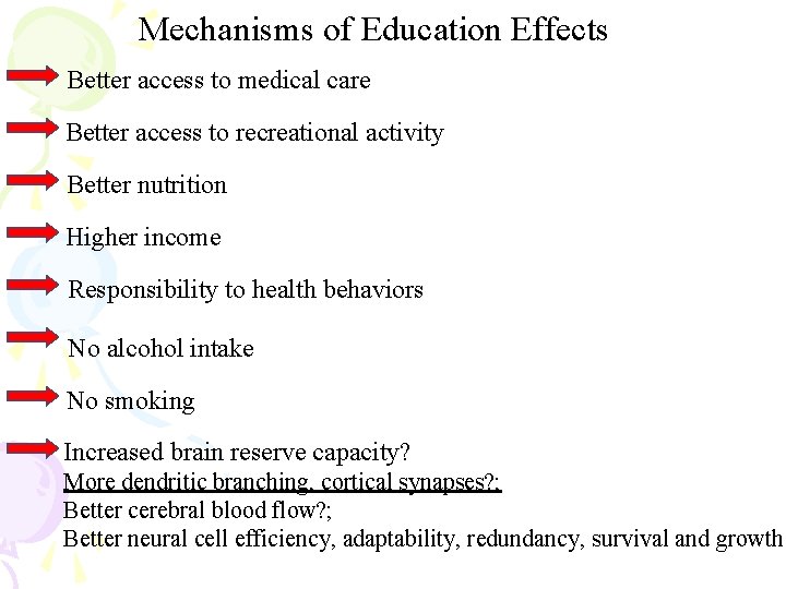 Mechanisms of Education Effects Better access to medical care Better access to recreational activity