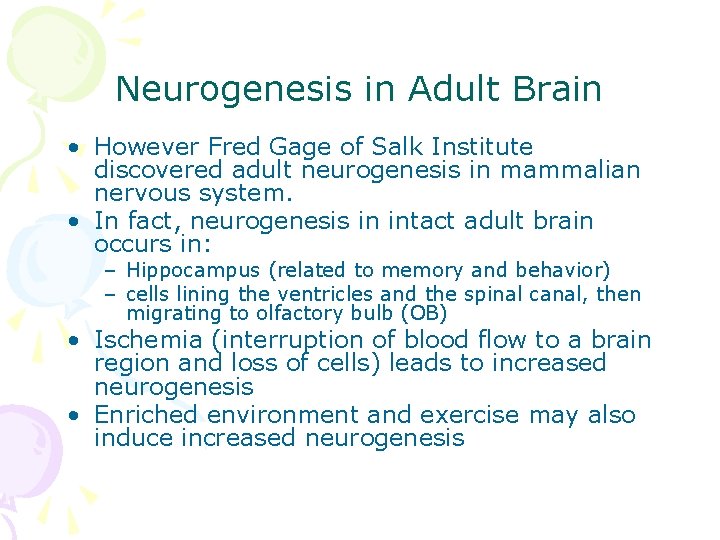 Neurogenesis in Adult Brain • However Fred Gage of Salk Institute discovered adult neurogenesis