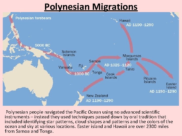 Polynesian Migrations Polynesian people navigated the Pacific Ocean using no advanced scientific instruments –