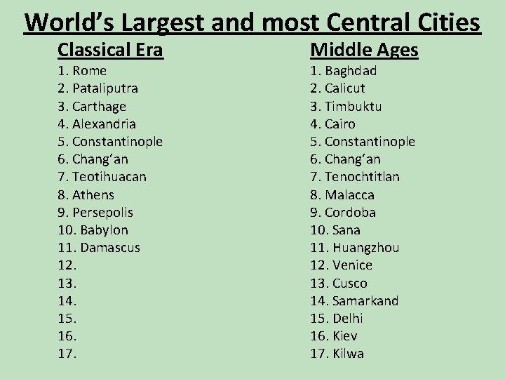 World’s Largest and most Central Cities Classical Era 1. Rome 2. Pataliputra 3. Carthage