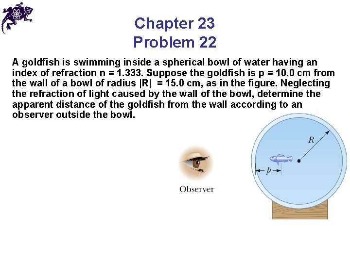 Chapter 23 Problem 22 A goldfish is swimming inside a spherical bowl of water