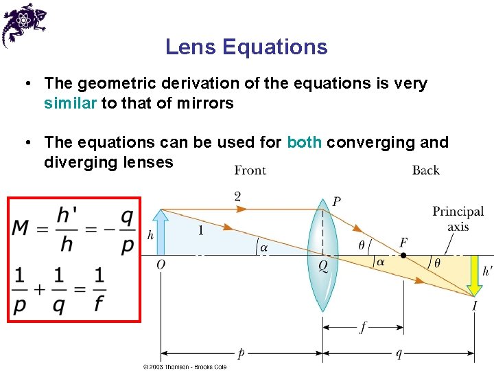 Lens Equations • The geometric derivation of the equations is very similar to that