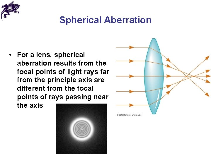Spherical Aberration • For a lens, spherical aberration results from the focal points of