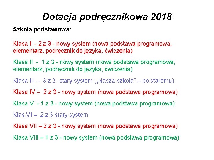 Dotacja podręcznikowa 2018 Szkoła podstawowa: Klasa I - 2 z 3 - nowy system