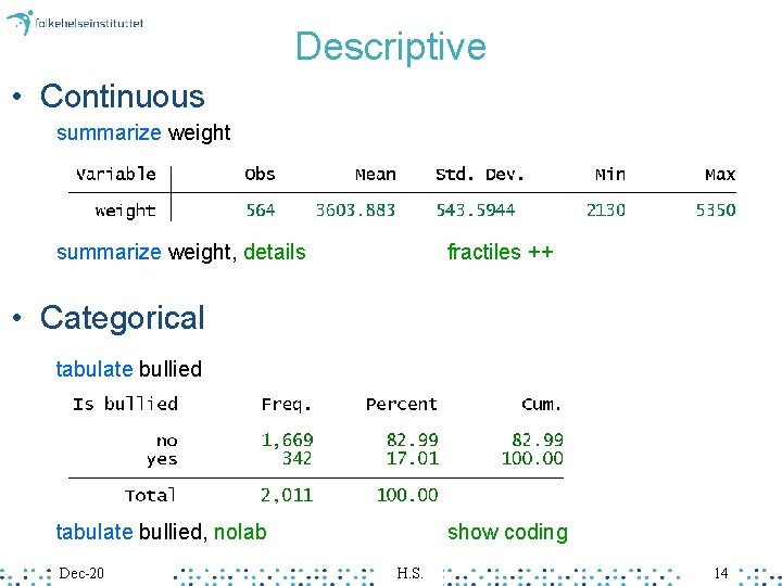 Descriptive • Continuous summarize weight, details fractiles ++ • Categorical tabulate bullied, nolab Dec-20 Descriptive • Continuous summarize weight, details fractiles ++ • Categorical tabulate bullied, nolab Dec-20