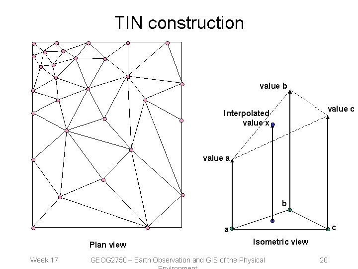 TIN construction value b value c Interpolated value x value a b c a