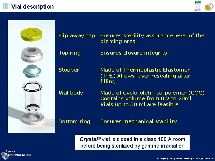 Vial description Flip away cap Ensures sterility assurance level of the piercing area Top