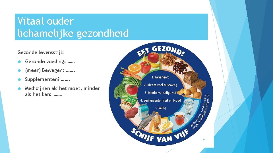 Vitaal ouder lichamelijke gezondheid Gezonde levensstijl: Gezonde voeding: …… (meer) Bewegen: ……. Supplementen? …….