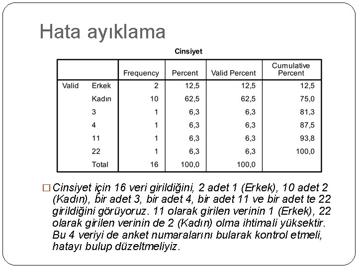 Hata ayıklama � Cinsiyet için 16 veri girildiğini, 2 adet 1 (Erkek), 10 adet