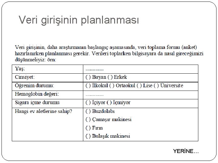 Veri girişinin planlanması YERİNE… 