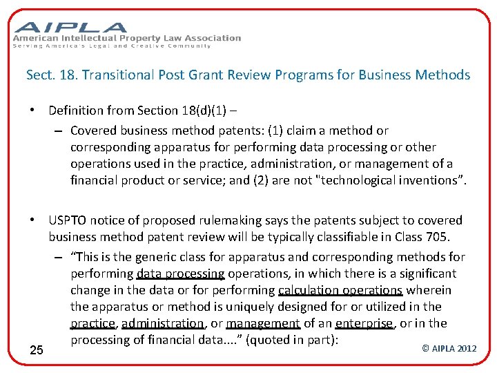 Sect. 18. Transitional Post Grant Review Programs for Business Methods • Definition from Section