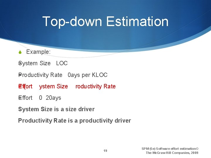 Top-down Estimation S Example: System Size LOC = Productivity Rate 0 ays per KLOC