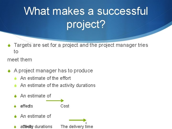 What makes a successful project? S Targets are set for a project and the