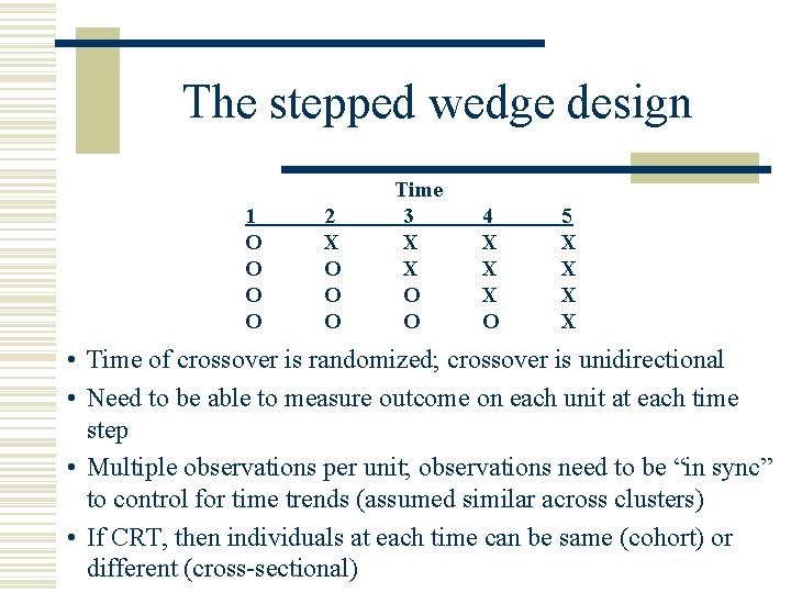 The stepped wedge design 1 O O 2 X O O O Time 3