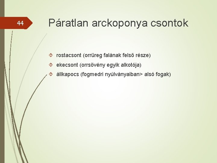 44 Páratlan arckoponya csontok rostacsont (orrüreg falának felső része) ekecsont (orrsövény egyik alkotója) állkapocs