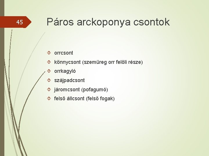 45 Páros arckoponya csontok orrcsont könnycsont (szemüreg orr felöli része) orrkagyló szájpadcsont járomcsont (pofagumó)