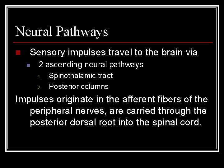 Neural Pathways n Sensory impulses travel to the brain via n 2 ascending neural