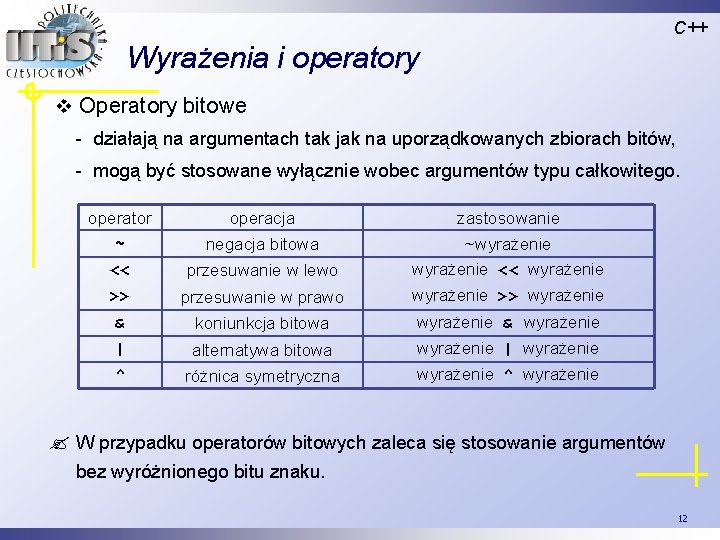 C++ Wyrażenia i operatory v Operatory bitowe - działają na argumentach tak jak na