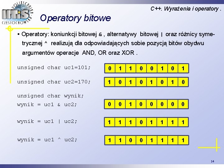 C++. Wyrażenia i operatory. Operatory bitowe § Operatory: koniunkcji bitowej & , alternatywy bitowej