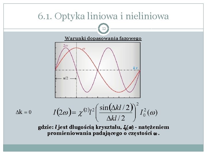 6. 1. Optyka liniowa i nieliniowa 12 Warunki dopasowania fazowego gdzie: l jest długością