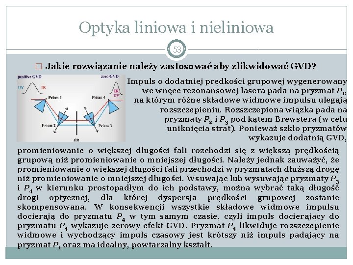 Optyka liniowa i nieliniowa 53 � Jakie rozwiązanie należy zastosować aby zlikwidować GVD? Impuls
