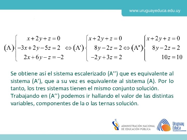 Se obtiene así el sistema escalerizado (A’’) que es equivalente al sistema (A’), que