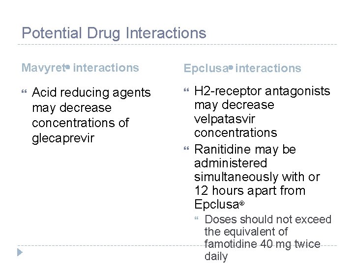 Potential Drug Interactions Mavyret interactions Acid reducing agents may decrease concentrations of glecaprevir Epclusa