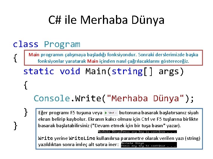 C# ile Merhaba Dünya class Program Main programın çalışmaya başladığı fonksiyondur. Sonraki derslerimizde başka