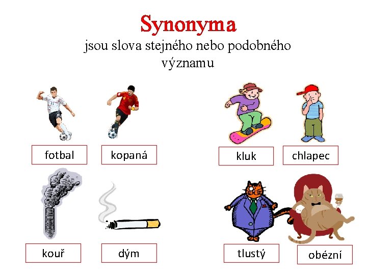 Synonyma jsou slova stejného nebo podobného významu fotbal kouř kopaná dým kluk tlustý chlapec