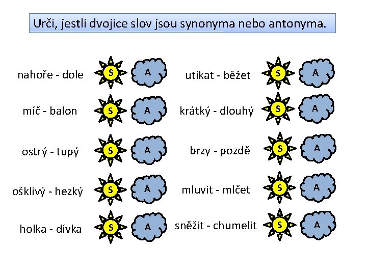 Urči, jestli dvojice slov jsou synonyma nebo antonyma. nahoře - dole S A utíkat