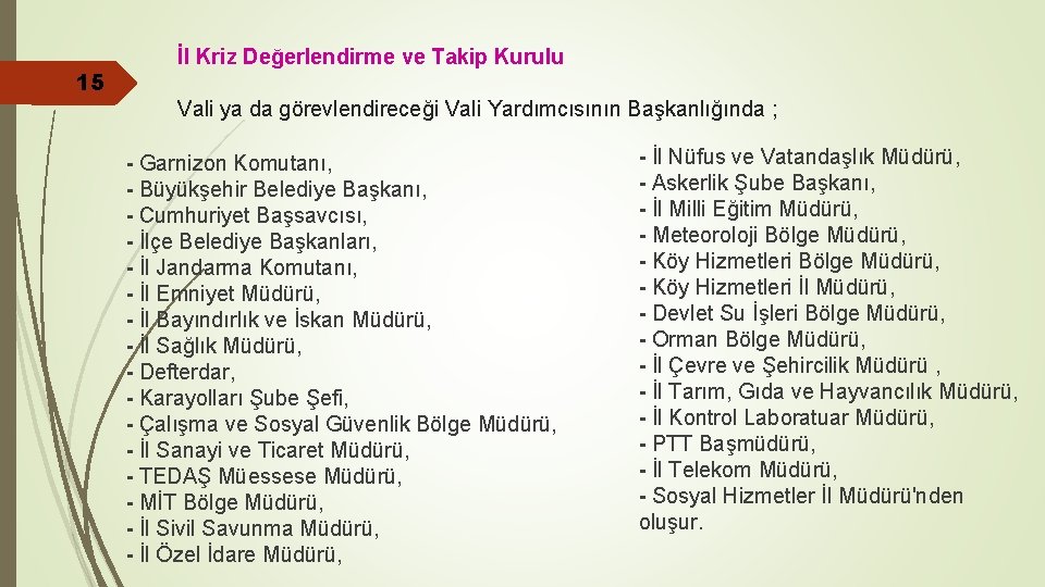 15 İl Kriz Değerlendirme ve Takip Kurulu Vali ya da görevlendireceği Vali Yardımcısının Başkanlığında