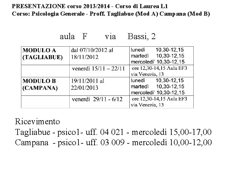 PRESENTAZIONE corso 2013/2014 - Corso di Laurea L 1 Corso: Psicologia Generale - Proff.