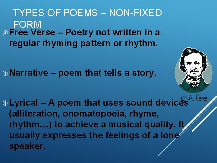 TYPES OF POEMS – NON-FIXED FORM Free Verse – Poetry not written in a